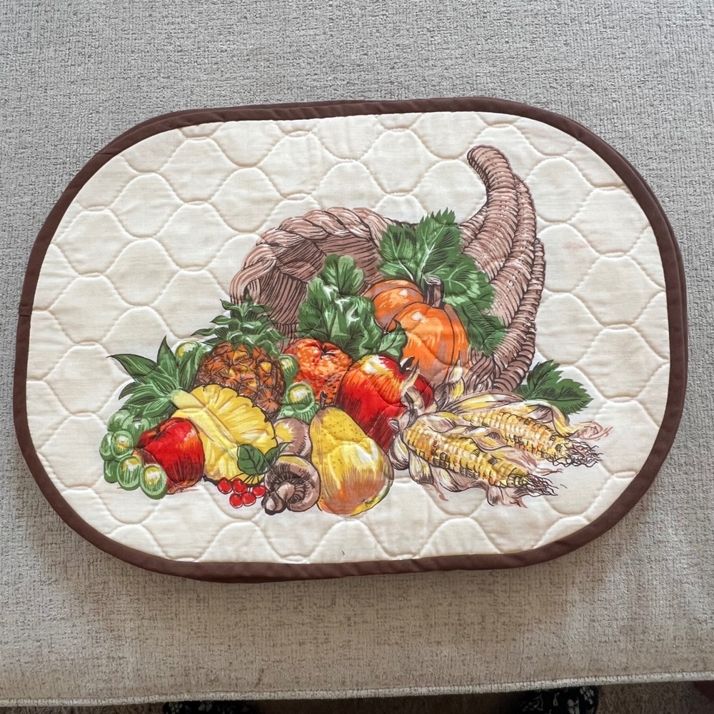 Vintage Quilted Thanksgiving Cornucopia Placemats Set of 6 Harvest Fall Oval - Picture 2 of 5